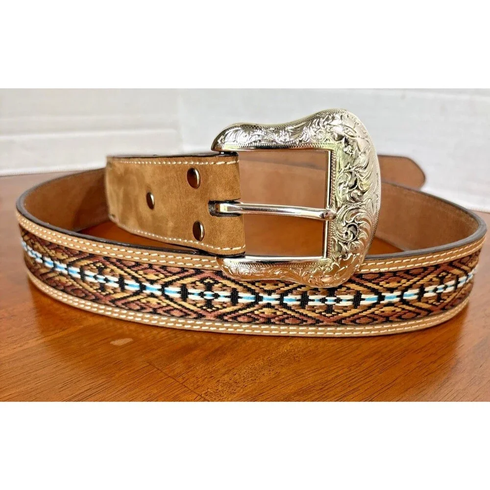 Nocona Leather Belt Men 42 Brown Turquoise Blue Embroidered Overlay N2474844